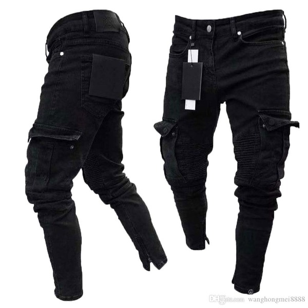 

Fashion Black Jean Men Denim Skinny Biker Jeans Destroyed Frayed Slim Fit Pocket Cargo Pencil Pants Plus Size S-3XL 2020, Blue