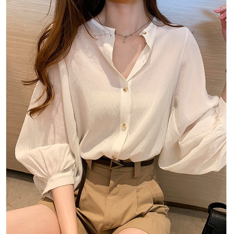 

2021 New White Shirt Women Autumn Plus Size Feminine Button Cardigan Blouse Tops Long Sleeve V-neck Office Lady Casual Clothes Oa0l