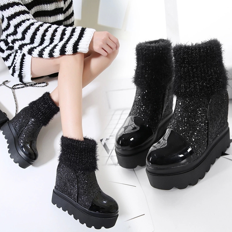 

2020 Winter Boots Women Height Increasing Shoes Sweet Ladies Ankle Boots Warm Fur Party Shoes total Height Increasing 12cm A2882 #1798, Black
