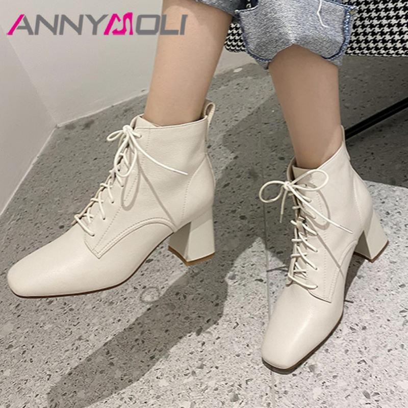 

ANNYMOLI Real Leather High Heel Short Boots Ankle Boots Women Shoes Square Toe Lace Up Thick Heels Fashion Female Beige 401, Beige synthetic lin