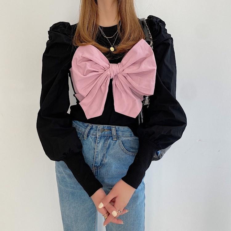 

Korea Sweet Pink Bowknot Patchwork Knitting Chic Tops Women's Fashion Puff Sleeve Pullovers Sweater For Women Clothes, Black