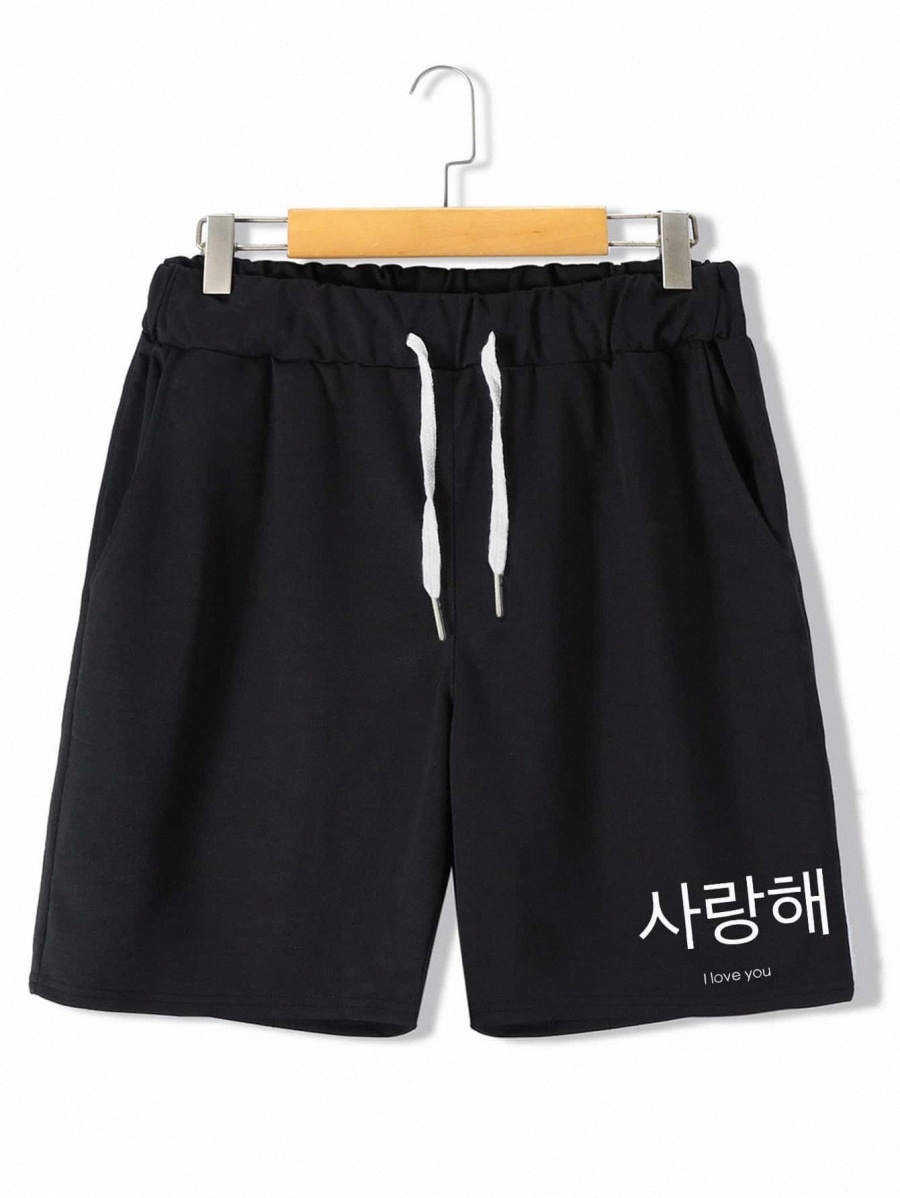 

men Korean Letter Graphic Drawstring Waist Shorts M3qs#, Black