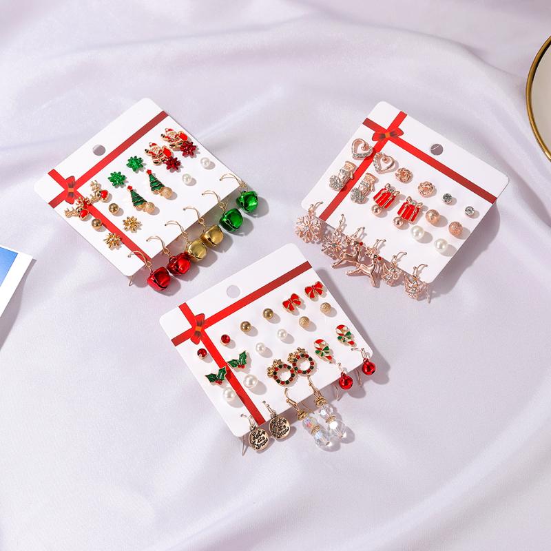 

Stud Fashion Santa Claus Tinsel Bell Christmas Tree 12 Pcs Earrings Set