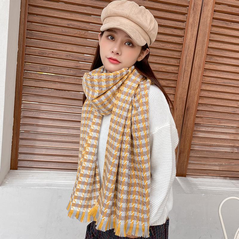 

Scarves OUOI Plaid Scarf Women's Winter Imitation Cashmere Warm Short Beard Shawl Thick And Cold-proof