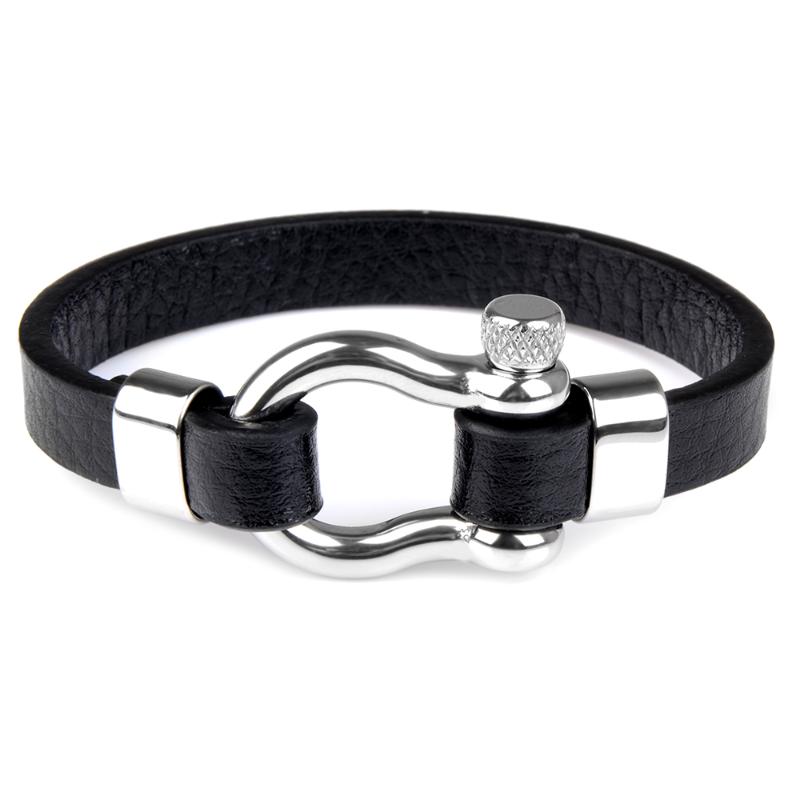 

Vintage Black Genuine Leather Bracelet Black Sliver Color Horseshoe Buckle Stainless Steel Bracelet For Man Gift, Golden;silver