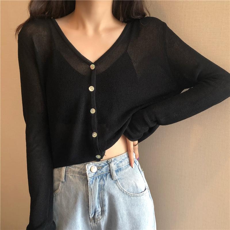 

Summer Cardigan Long Sleeve Knitted Sweater Women Korean Short Sunscreen Cropped Cardigan Loose V-neck Solid Color Thin Tops, Green