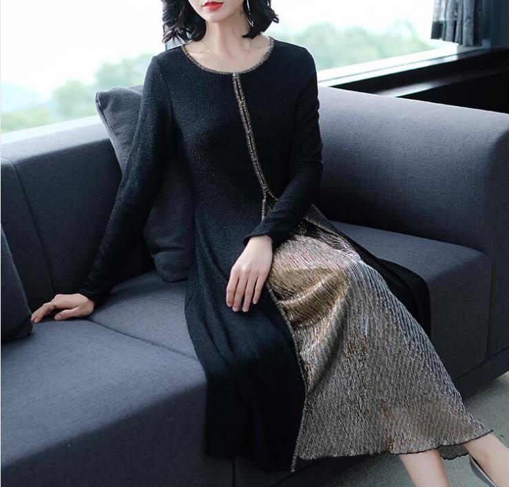 

Autumn Female New Two Long Sleeves Shiny Silk Was Thin Dress Word Vm8c, Black