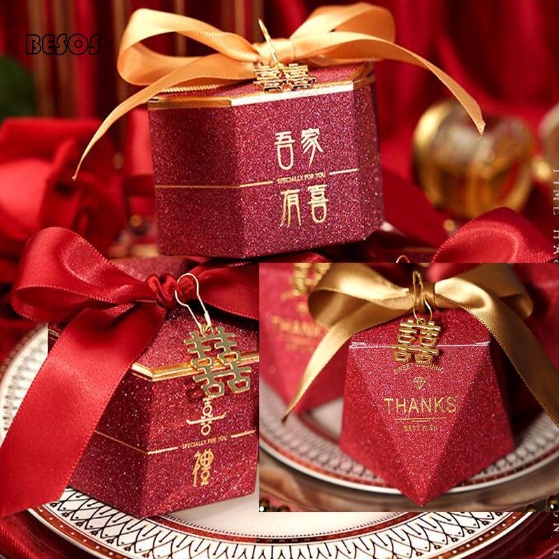 

10pcs Fashion Red Glitter Polygon Square Bronzing Ribbon Gift Box Party Wedding Flowers Jewelry Packaging Decoration Gift Box