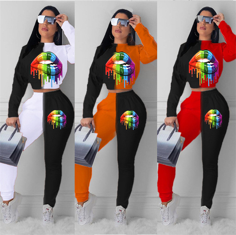

Plus Size Rainbow Lips Print Tracksuit for Women Ladies Sweatshirt Pullover Hoodie Crop Top+ Pants Two Piece Outfits Sports Suit 2020E101503, #1-#3 colors random or remarks