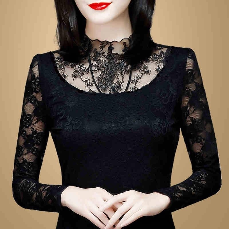 Hollow Out Women Spring Autumn Style Lace Blouses Shirts Casual Long Sleeve Patchwork Spliced Turtleneck Blusas Tops DF2600 201201