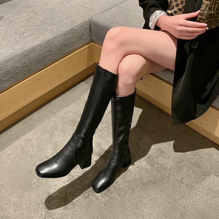 

MLJUESE 2021 women knee-high boots cow leather winter short plush black color slip on square toe female high boots size 401