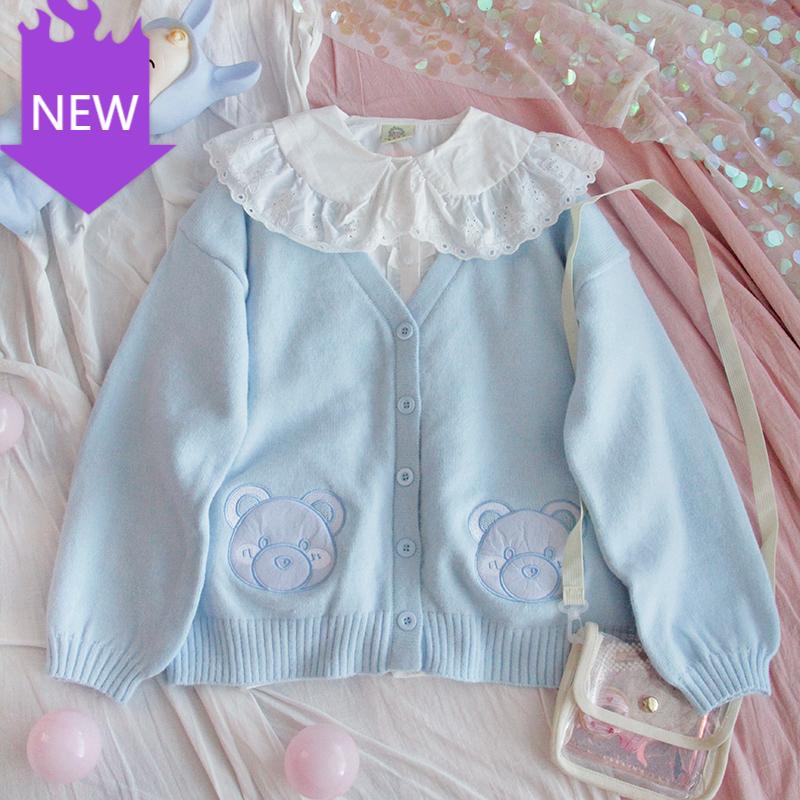 

Knitted Outerwear Cute Kawaii Mori Girl Loose Sweet Cardigan Preppy Style Autumn Spring Women Sweater V Neck Blue Bear