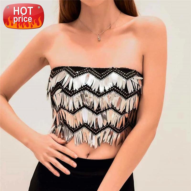 

Multi Colors Strapless Tube Tops Shiny Wavy Sequins Women Crop Top Rave Festival Tank Top Beach Sleeveless Vest Party Clubwear #Ny7a, White