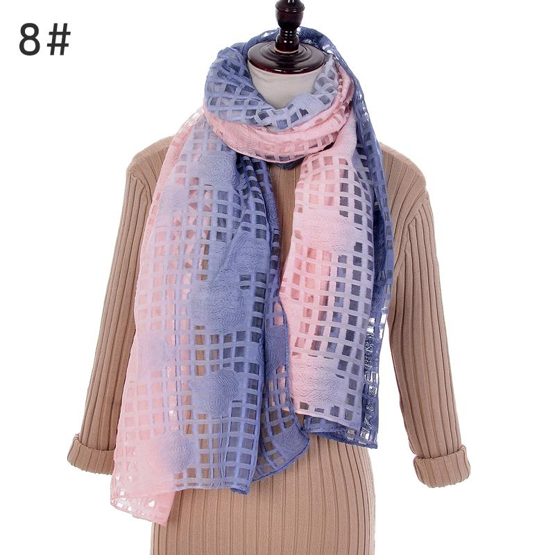 

10 pc women fashion Gradient color silk scarves shawls female wraps Hollow Plaid Embroidery Hijab Scarf stole