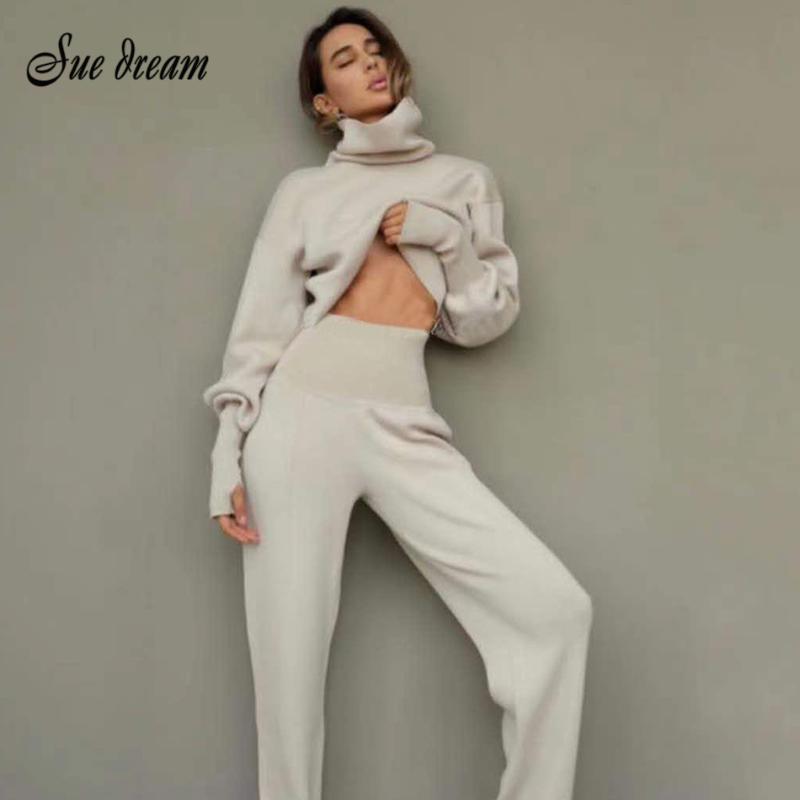 

2020 Autumn New Women' Turtleneck Sweater 2 Two-piece set Lantern sleeve Knitted Pullover & High Waist Pants Bodycon Party Set, Black