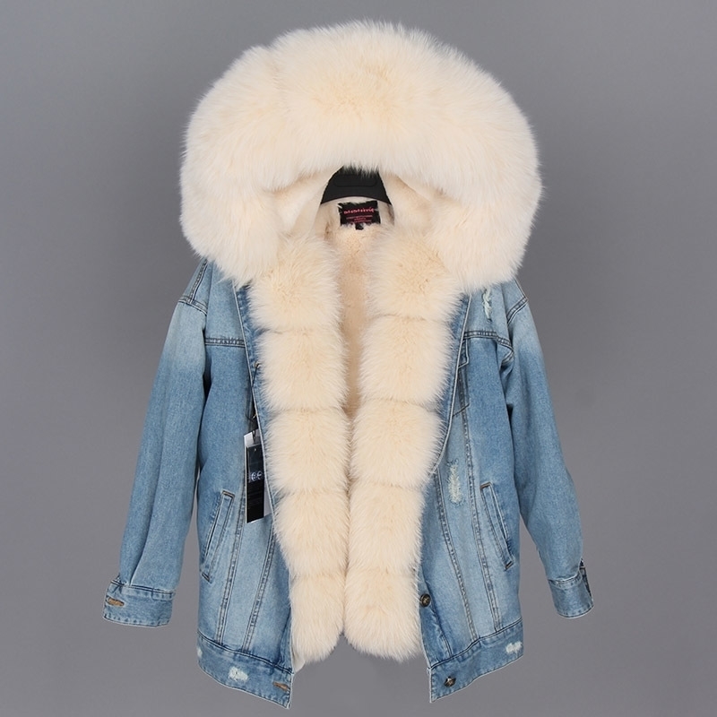 

Maomaokong natural rabbit fur lined denim jacket fox fur coat coat fashion denim fox fur warm lady winter jacket women parka 201027