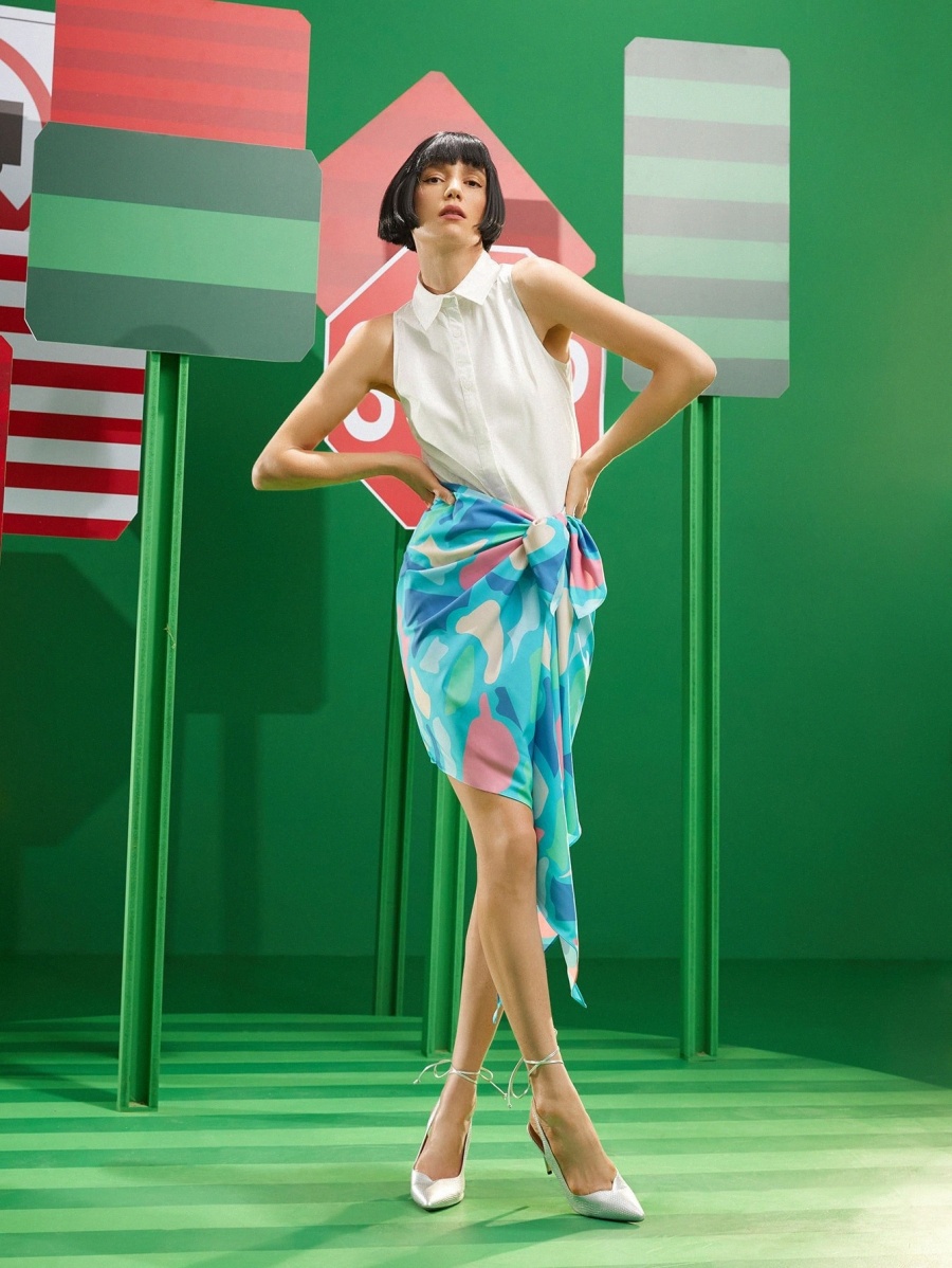

X rrebecasglamboutique Sleeveless Blouse & Graphic Print Tie Asymmetrical Hem Skirt X8WV#, Multicolor