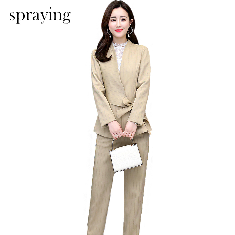 Spring two piece set women Striped trends fashion sets long sleeve office lady Suit ensemble femme top and pants 201119Z