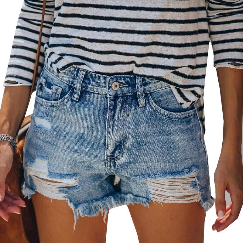 

HUAN BEAUTY New Jeans Shorts for Women Middle Waist Hole Tassel High Elasticity Sexy Casual Zipper Denim Shorts HBP94, As picture