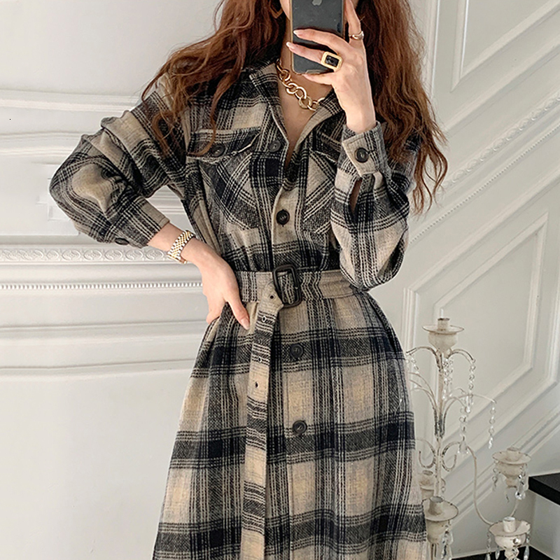 

2021 New Women Long Sleeve Elegant Plaid with Belt Female High Waist Autumn Spring Clothes 8jdc, The picture color