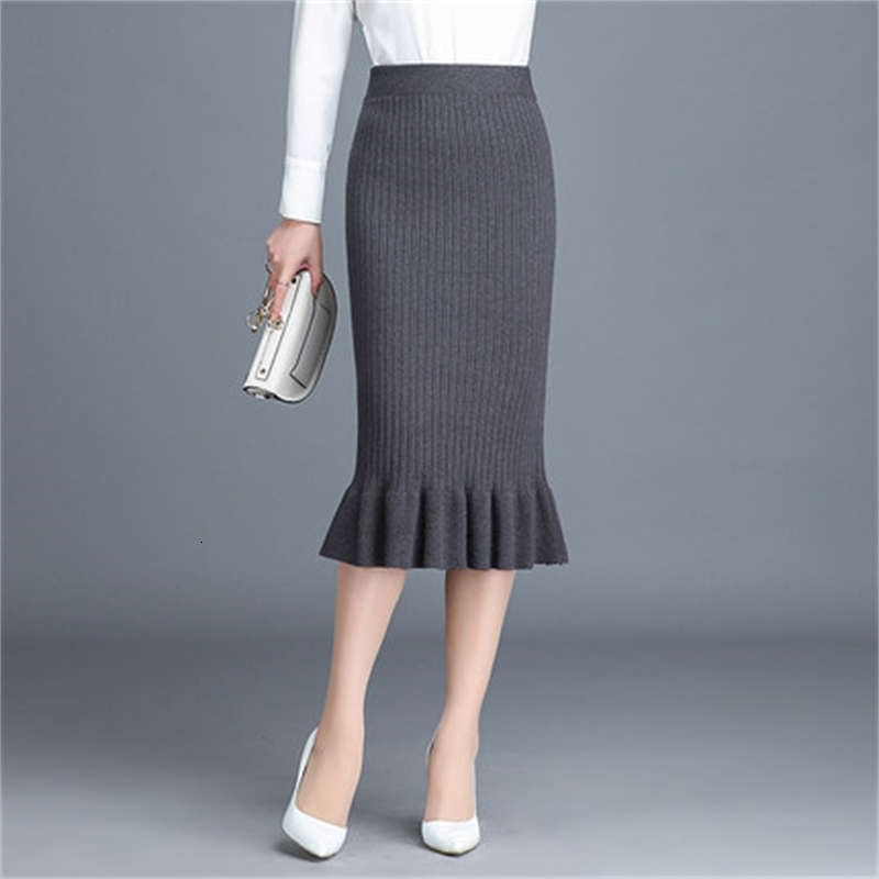 

2021 New Thick Knitted Sweater Long for Women Office Work Autumn Winter High Waist Package Hip Gray Black Pencil Skirts 370y, Dark grey