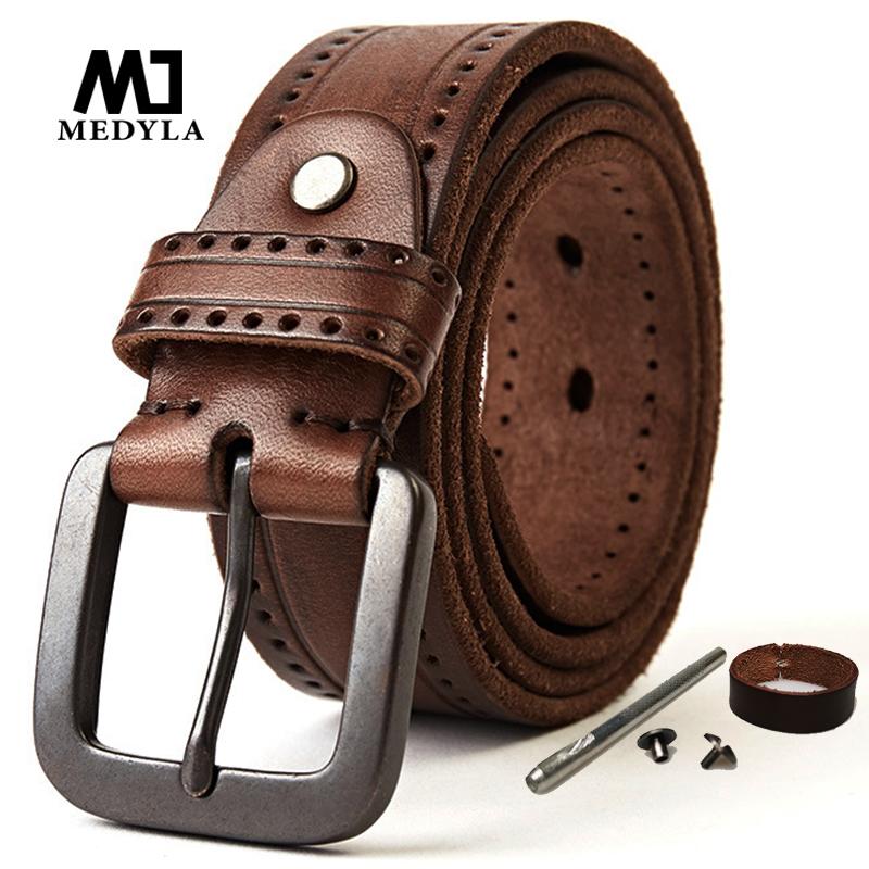 

MEDYLA Natural Leather Belt Men's Hard Metal Matte Buckle Men's Original Leather Belt 100-150cm Jeans Screw Accessories, Black