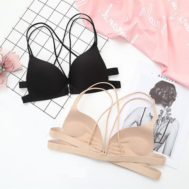 

Sexy front-button Ring-less Bra Slim Seamless Mini-breast Gathered With Ribbons Crossed Behind 1 PCS underwear padded sport bra1, Black