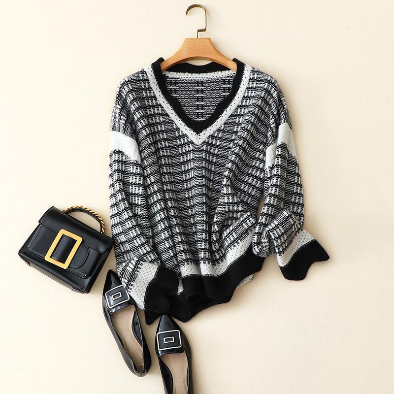 

2020 new styles 100% pure cashmere winter sweaters women v neck striped knitwear fashion knit cosy loose pullovers1, Black