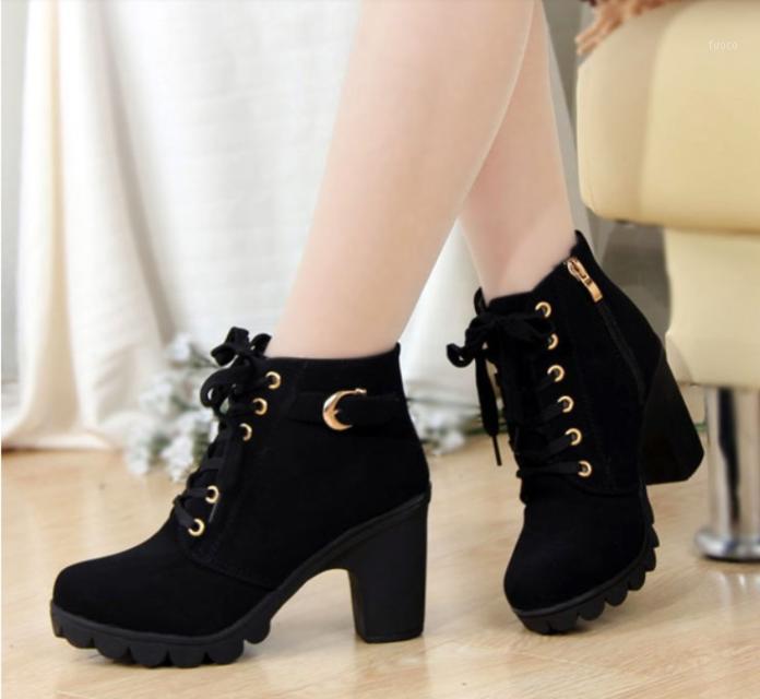 

Boots Women Shoes Women Fashion High Heel Lace Up Ankle Boots Ladies Buckle Platform Artificial Leather Shoes Bota Feminina Nice1, Black