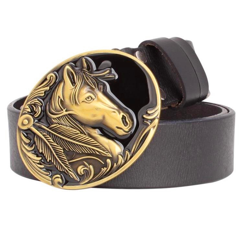 

Horse head cowskin leather belt men Western cowboy style Copper buckle horse head belt real Genuine Leather belt for men 201110, Black