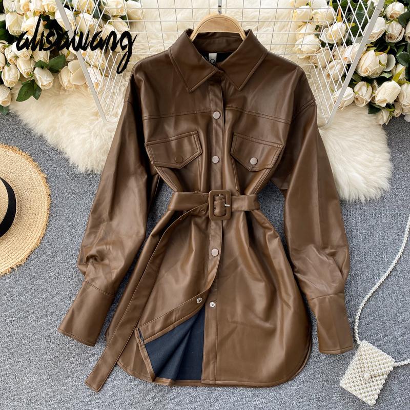 

Women PU Jacket Spring Autumn Streetwear Long Sleeve Single Breasted Blouse Leahter Caot Woman Vintage Faux Leahter Outwear, Black