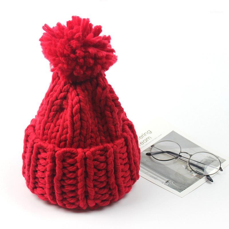 

2020 Winter Women Coarse Woolen Pom Pom Knitted Beanie Hat Stylish Warm Thicker Skullies Hats Bonnet Solid Beanies1, Red