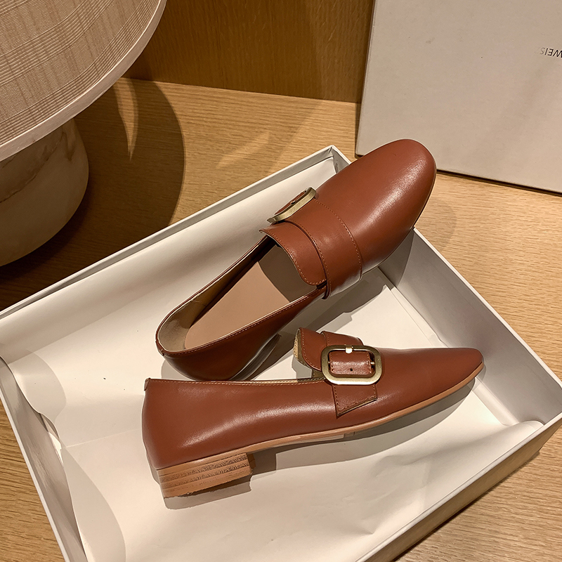

2020 Digit Square Foot Buckle Soft Leather Slide in Low Spring Heels Comfortable Women's Shoes Size -42 Ikaw, Black