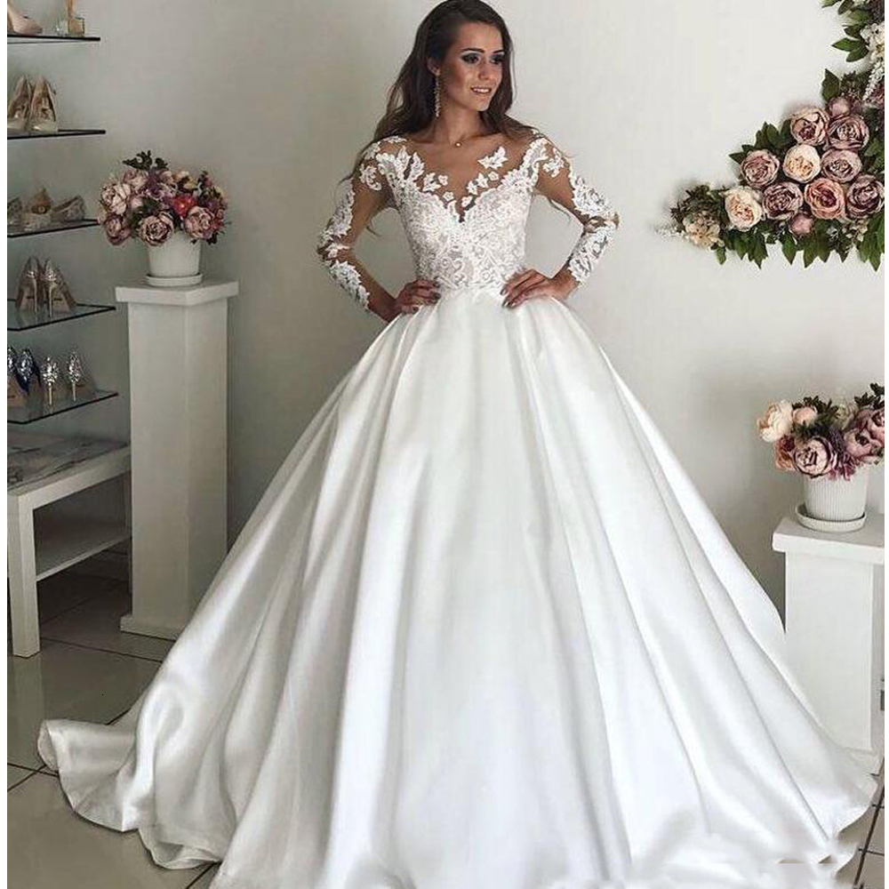 

2021 New Robe De Mariee Scoop Sleeves Court Court-ordered Rails Lace Gowns Satin Wedding Gown of Bride 38Y7, White