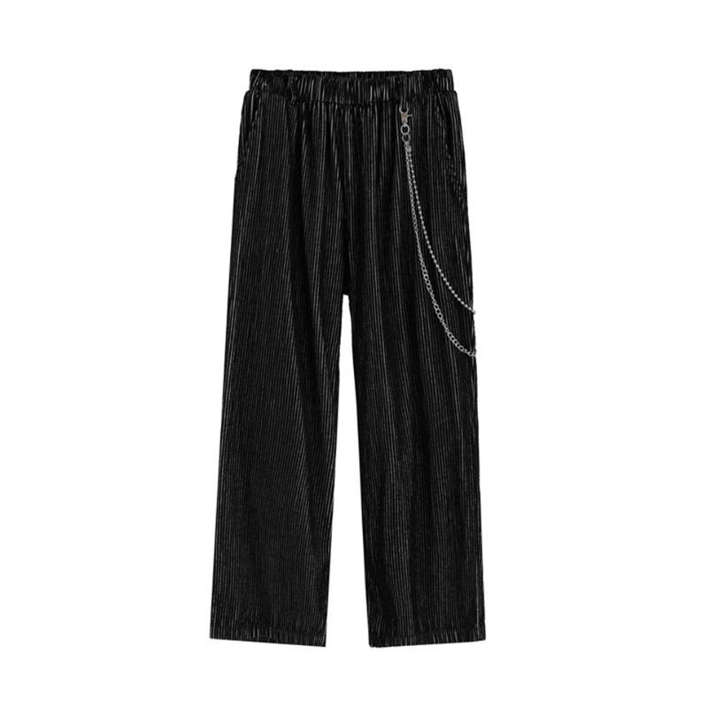 

Autumn Men's Corduroy Loose Wide-Leg Trousers High Street Casual Chain Decoration Straight Mopping Pants T731#, Black