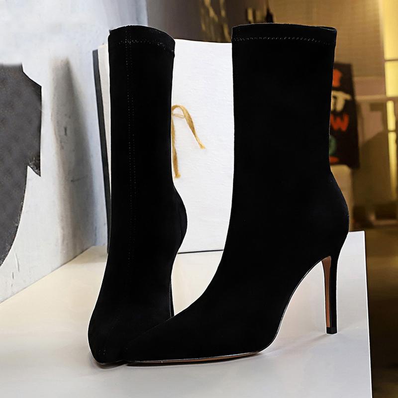 

2021 Fashion Womens Black Ankle Boots Women Winter Pointed Toe Stretch Fabric Female Boots Thin High Heels Ladies Pumps