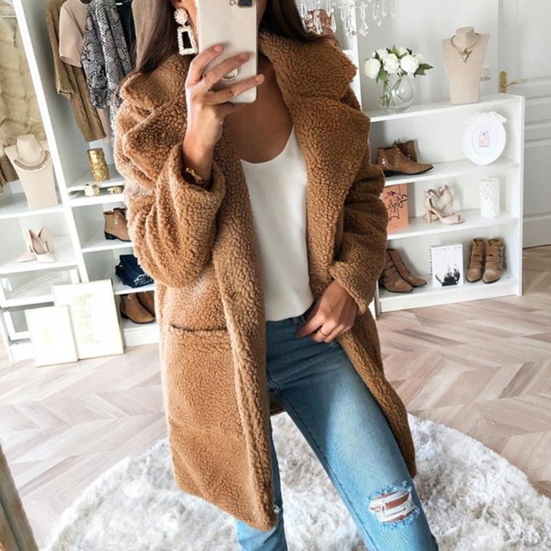 

Winter Women Fur Coat Luxury Long Faux Fur Coat Loose Pocket Lapel Overcoat Thick Warm Plus Size Teddy Female Plush Outwear, Brown