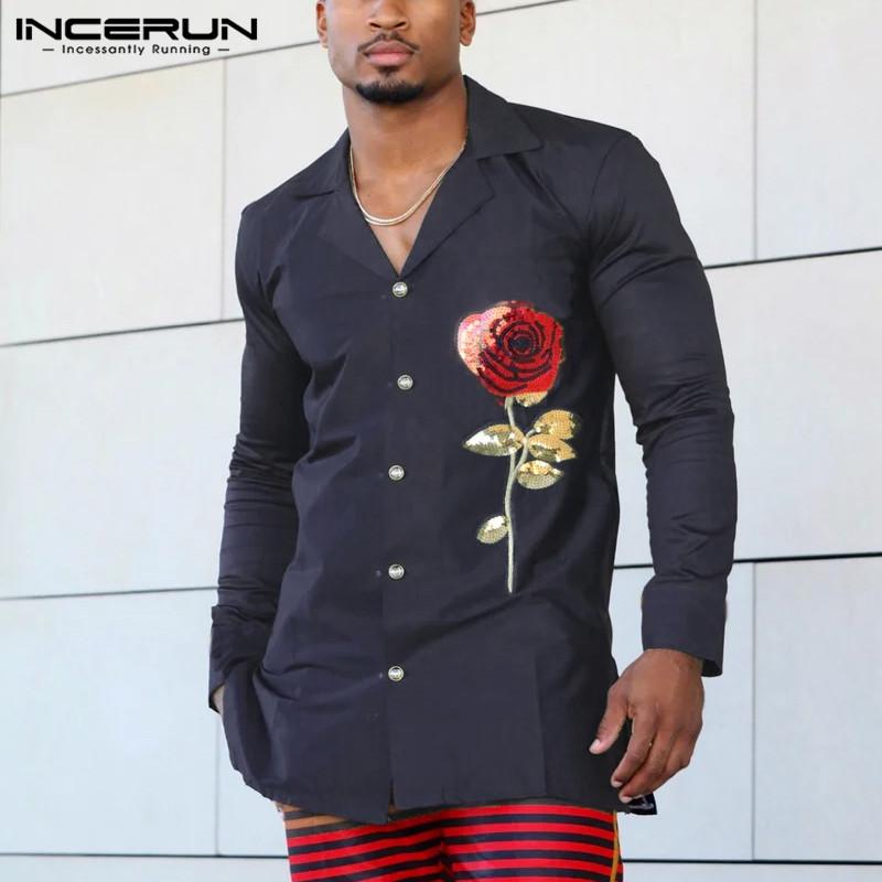 

Fashion Long Sleeve Lapel Neck Blusas INCERUN Men Printed Shirts Man Dress Shirts Fashion Rose Floral Camisas Hombre Streetwear, Navy