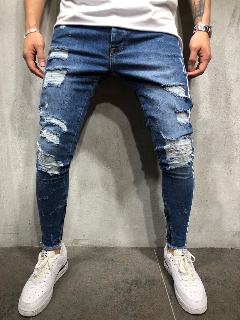 

Men Slim fit Knee Holes hip hop skinny jeans fashion Side white stripe Distressed Ripped Stretch Denim trousers, Q2017 dark blue