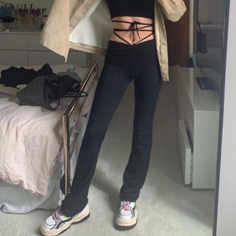 

Nibber harajuku high waist hin slim straight bandage pants female high quality kpop activity pants street leisure party, White