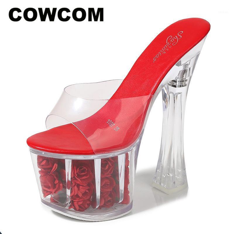 

COWCOM Thick-heeled Shoes Super High-heeled Shoes Rose Waterproof Sandals Transparent Crystal Wedding LFD-10367-301, Yellow