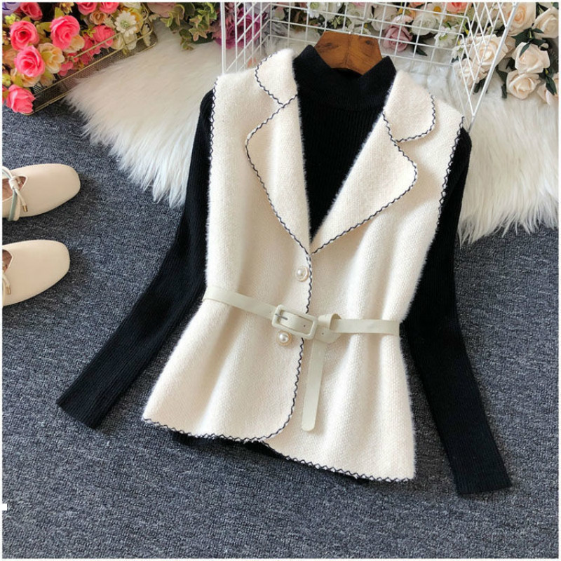 

New spring 2021 female loose short single breasted wool belt waistcoats jacket y224 MGZN, Baise