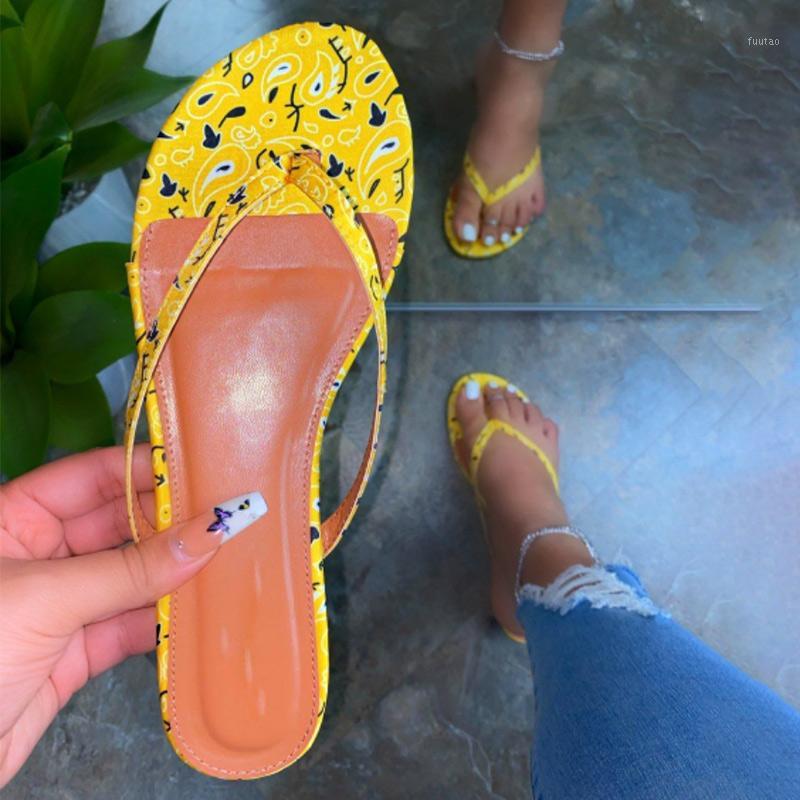 

2020 Women Flip Flops Summer Beach Sandals Clip Toe Slippers Casual Ladies Flat Shoes Female Soft Pu Leather Cute Flower Print1, Orange