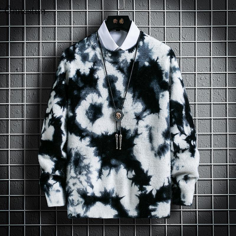 

Onnestun Sweater Men New Autumn Winter Tie-dye printing Men's Knitted Pullover Casual Long Sleeve Imitation mink Warm Sweater, Black