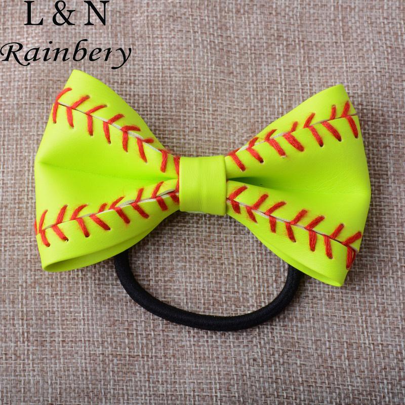 

Rainbery Wholesale 2021 Baseball Softball Football Leather Hair Jewelry Flower Hair Clip Bow Tie Woven Leather Jewelry