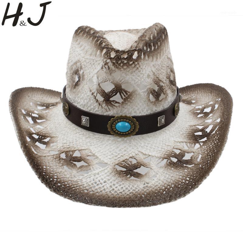 

Women Men Western Cowboy Hat With Fashion Band Handmade Weave Lady Gentleman Beach Sun Sombrero Cowgirl Hat Size 58CM A00791, Straw