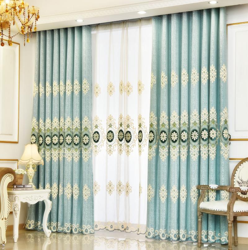 

Luxury Chenille Flower Embroidered Transparent Tulle Bedroom Curtain Tulle Elegant Living Bedroom Curtains Panel Curtain Set, Blue tulle curtain