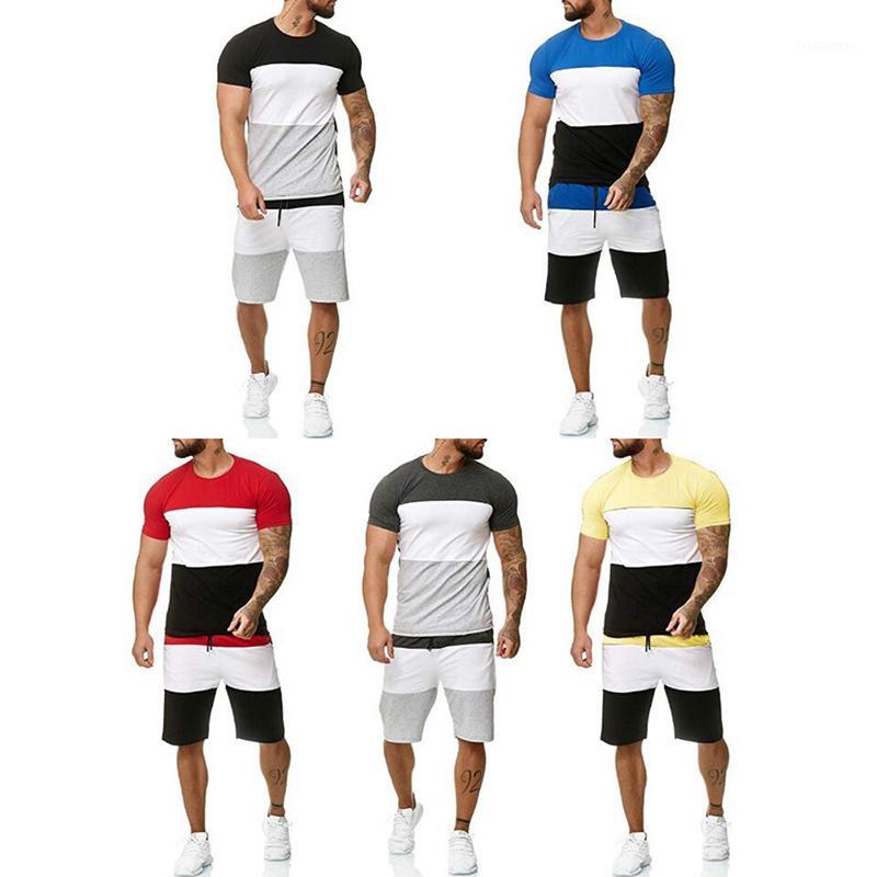 

2020t Men Sets Summer cotton Stitching color short sleeve Sporting Suit T-shirt +shorts Mens 2 Pieces Sets casual clothing D301, Red