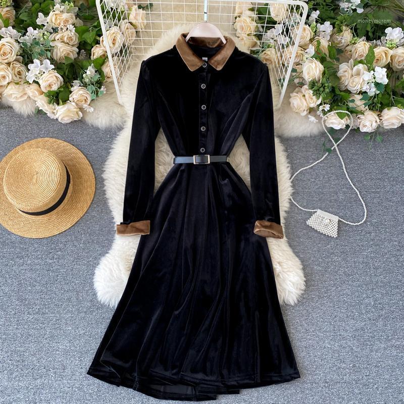 

Lady New Fashion Velvet A-line Dress Women's Autumn Winter 2020 Lapel Slim Long Sleeve Retro Velvet Black Vestidos Q1451