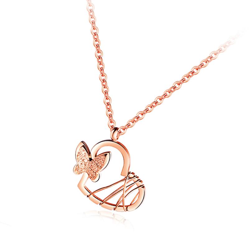 

VJ Fashion Heart Butterfly Necklace Sweet Rose Gold Pendant For Women Gift